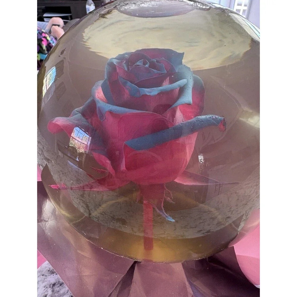 Forever ROSE Pink & Blue In Glass Ball Water Dome Globe Large Real Rose 6”
